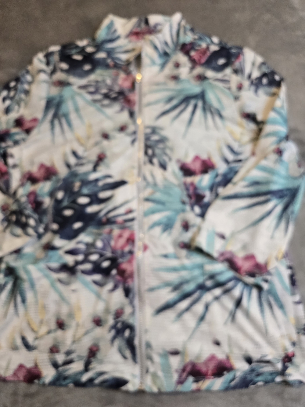 Chico's Cream Floral Mesh Jacket with Teal and Navy Accents